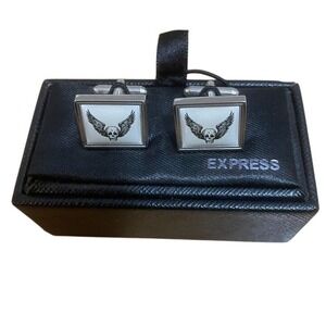 Express Skull Wing Cufflinks Silver Tone Square Men's Goth Biker Accessory‎